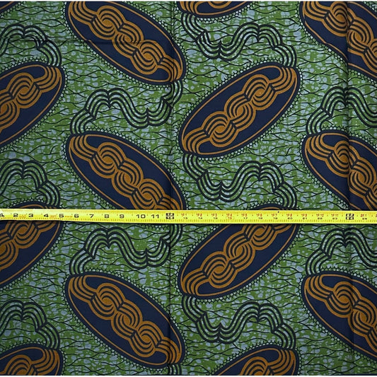African Print Fabric/ Ankara - Green, Brown, Navy ‘Gold Rush in Abuja' Design, YARD