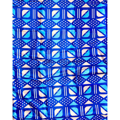 African Print, Satin Fabric- Blue, White, Beige "Nonye", Per Yard