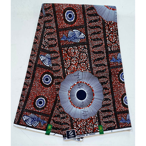 African Print Fabric/ Ankara - Brown, Navy, White "Market Staples", YARD or WHOLESALE
