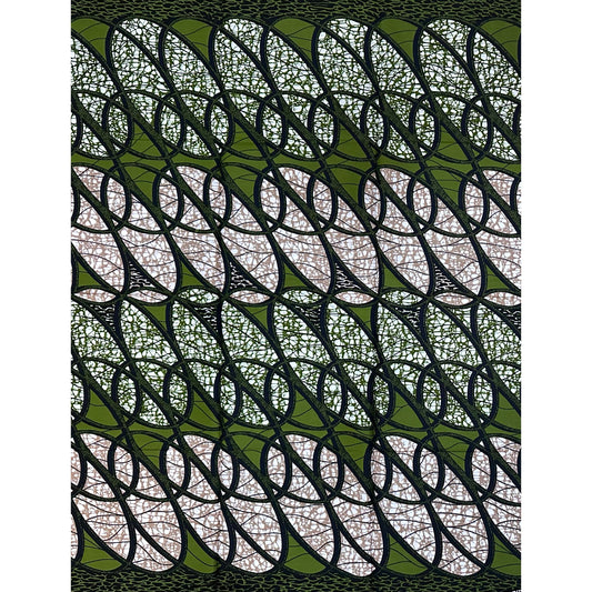 African Print Fabric/ Ankara - Green, Brown, Navy 'Kacou Ribbons' Design, YARD
