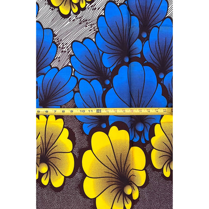 African Print Fabric/ Ankara - Blue, Yellow, Brown 'Sun of Sankofa', 1 YARD