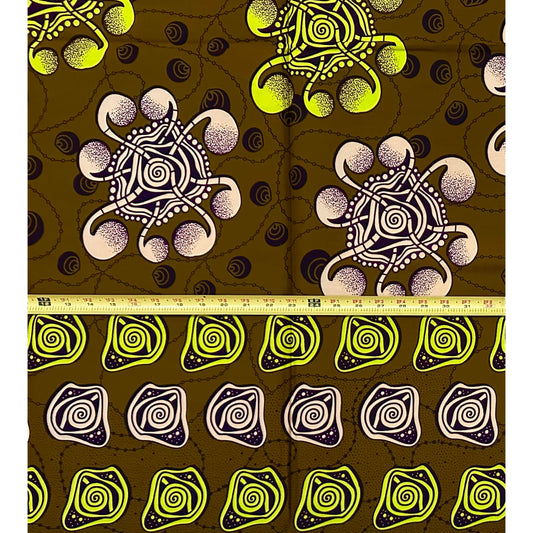 African Print Fabric/ Ankara - Brown, Beige, Yellow ‘King’s Signal' Design, 1 YARD