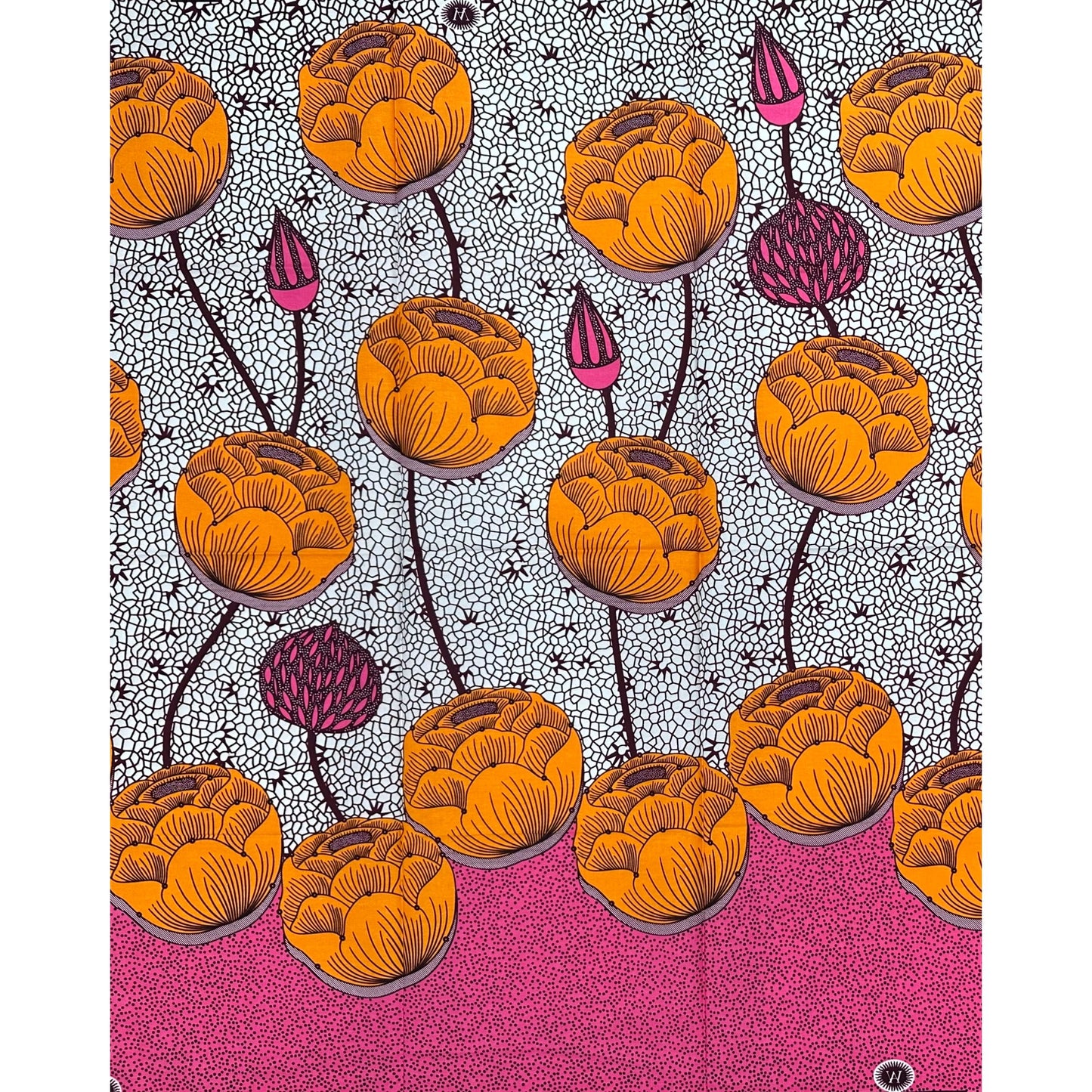 African Print Fabric/ Ankara - Orange, Brown, Pink 'Lotus of the Lagoon' Design, 1 Yard