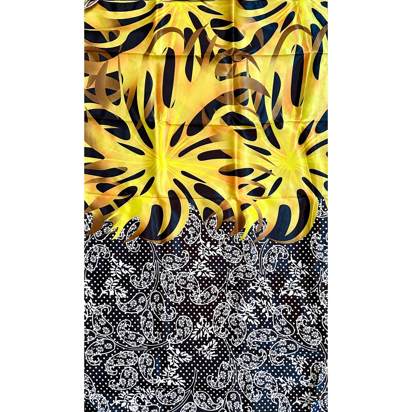 African Print, Satin Fabric- Black, White, Yellow, Gold "Swirl of Ibukun", Yard or Wholesale