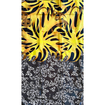 African Print, Satin Fabric- Black, White, Yellow, Gold "Swirl of Ibukun", Yard or Wholesale