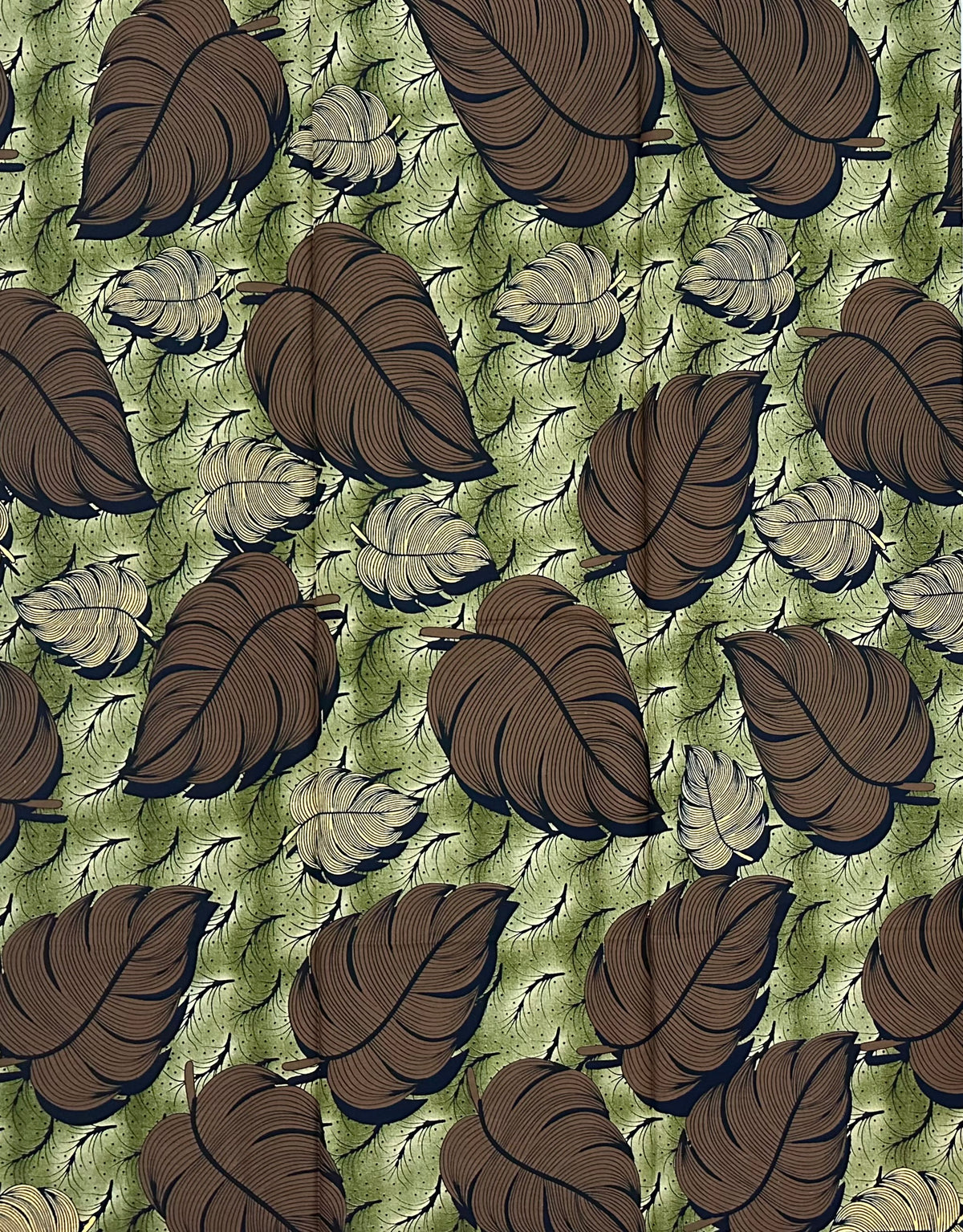African Print Fabric/ Ankara - Green, Brown 'Last Leaves' Design, 1 Yard