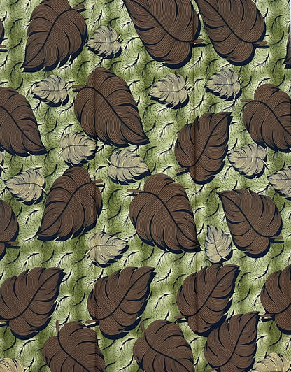African Print Fabric/ Ankara - Green, Brown 'Last Leaves' Design, 1 Yard