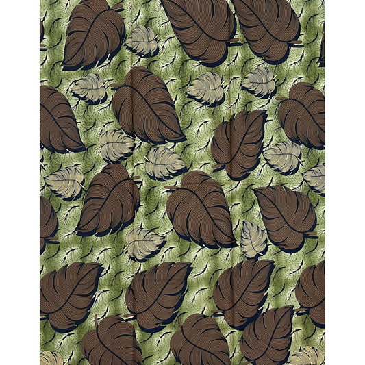African Print Fabric/ Ankara - Green, Brown 'Last Leaves' Design, 1 Yard