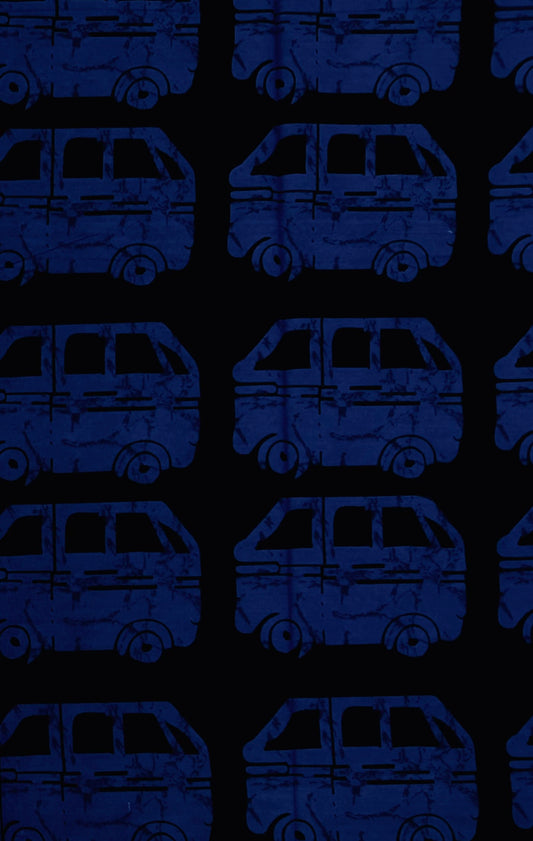 African Print Fabric/ Ankara - Blue, Black 'Danfo Drive' Design, YARD or WHOLESALE