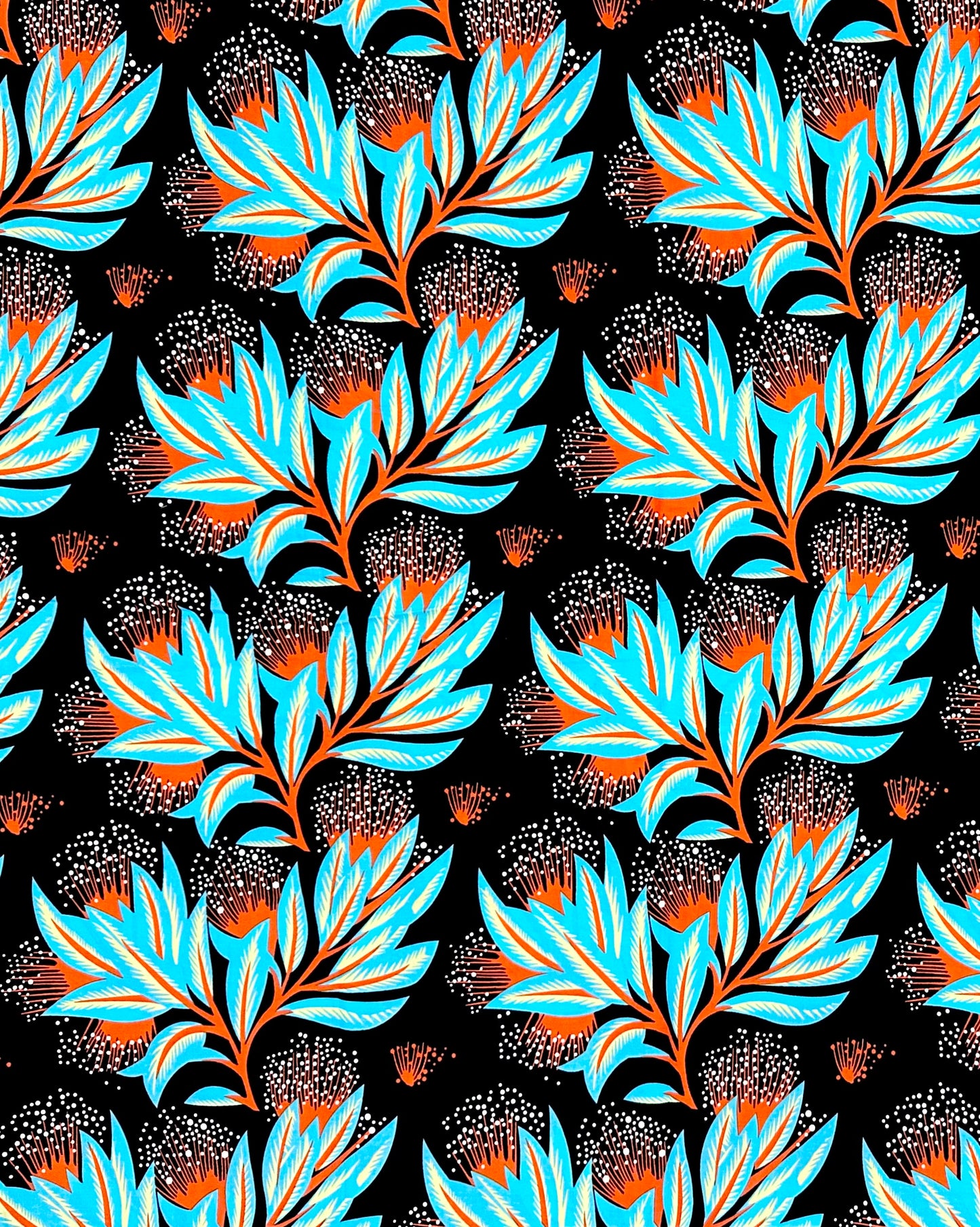 African Print Fabric/Ankara - Black, Blue, Orange, Yellow ‘Sky Beneath Leaves' Design, YARD or WHOLESALE