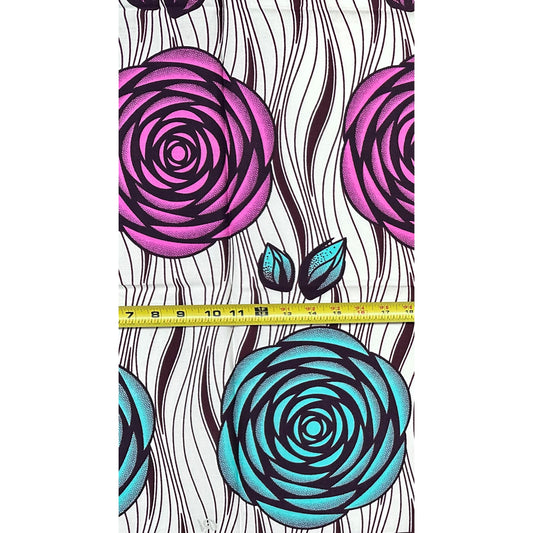 African Print Fabric/Ankara - Purple, Turquoise, Cream “Camellia" Design, 1 Yard