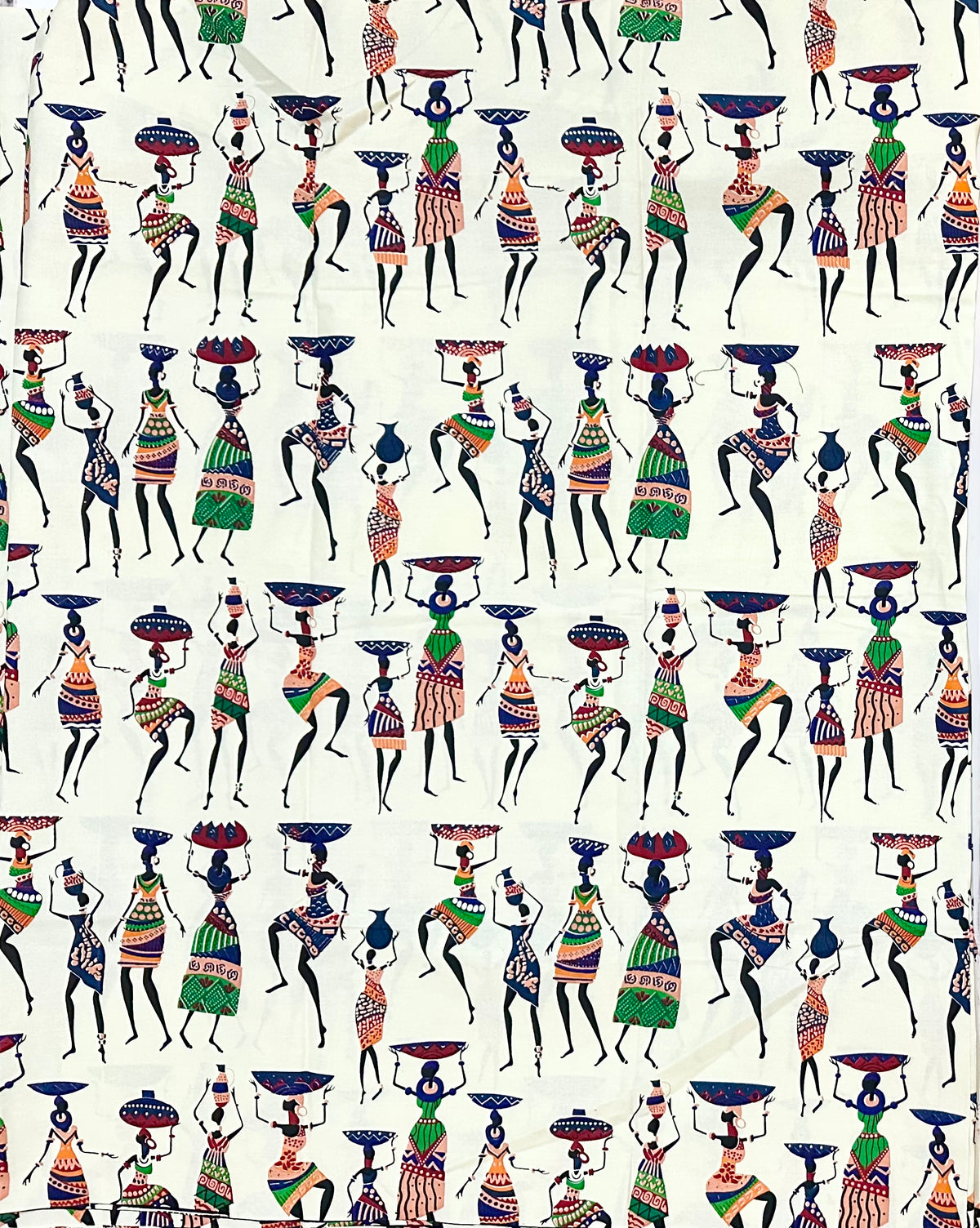 African Print Fabric/ Ankara - Cream, Black, Blue, Green ‘She Carries On' Design, YARD or WHOLESALE