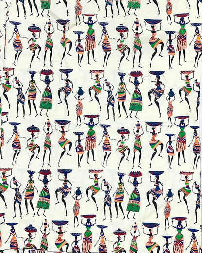 African Print Fabric/ Ankara - Cream, Black, Blue, Green ‘She Carries On' Design, YARD or WHOLESALE