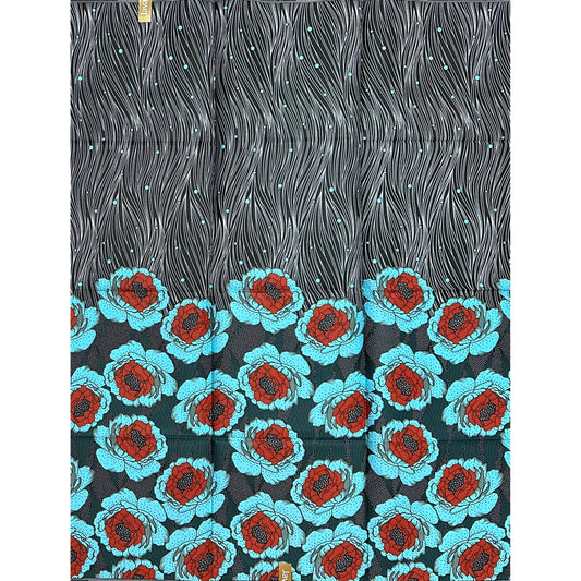African Print Fabric/ Ankara - Green, Brown, Blue, Black, White 'Queen’s Garden', YARD or WHOLESALE