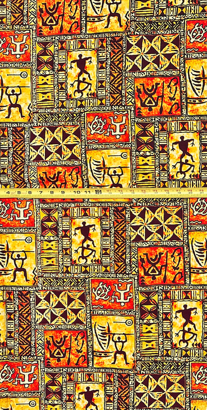 African Print Fabric/ Ankara - Orange, Brown 'The Story Wall', YARD OR WHOLESALE