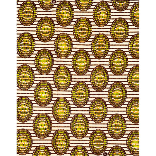 African Print Fabric/ Ankara - Cream, Brown, Green ‘Garden Egg' Design, YARD