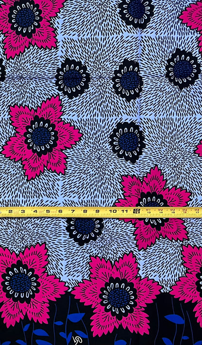 African Print Fabric/ Ankara - Blue, Periwinkle, Pink, Black 'Sweet Tea & Small Chops,’ 1 YARD