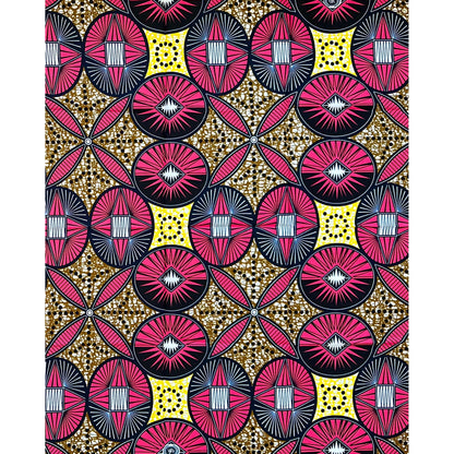 African Print Fabric/ Ankara - Pink, Yellow, Brown ‘Ilé Compass' Design, 1 YARD
