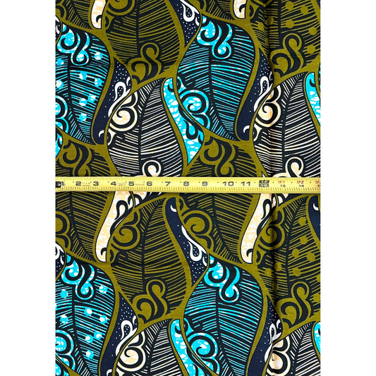 African Print Fabric/Ankara - Green, Blue, Beige "Deep River Dey Flow Quiet" Design, 1 Yard