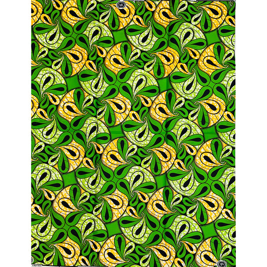 African Print Fabric/ Ankara - Green, Yellow 'Shakara Spin' Design