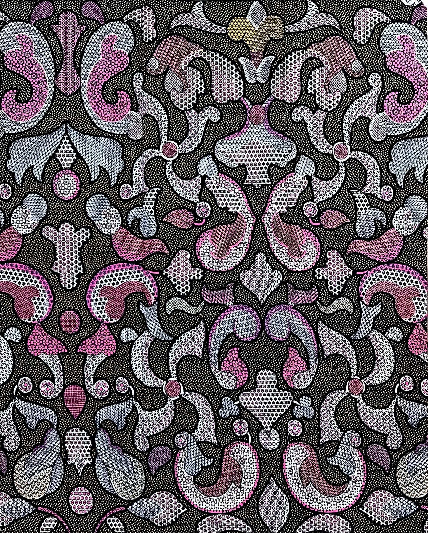 African Print Fabric/ Ankara - Pink, Beige, Black “Midnight Manuscript', 1 YARD