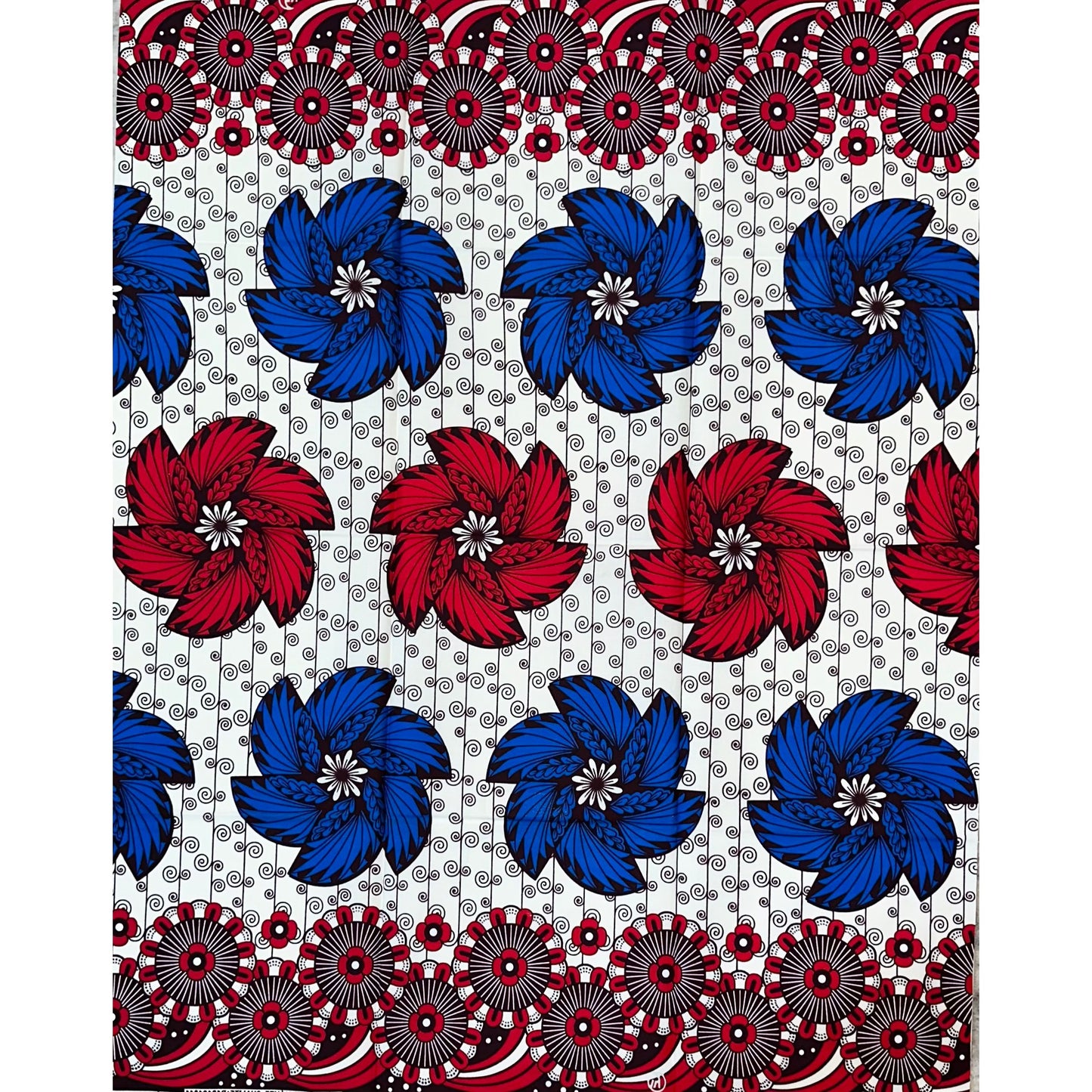 African Print Fabric/ Ankara - Red, Blue, Cream “Bloom Boom', YARD or WHOLESALE