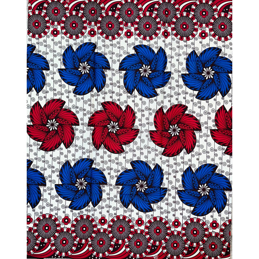 African Print Fabric/ Ankara - Red, Blue, Cream “Bloom Boom', YARD or WHOLESALE