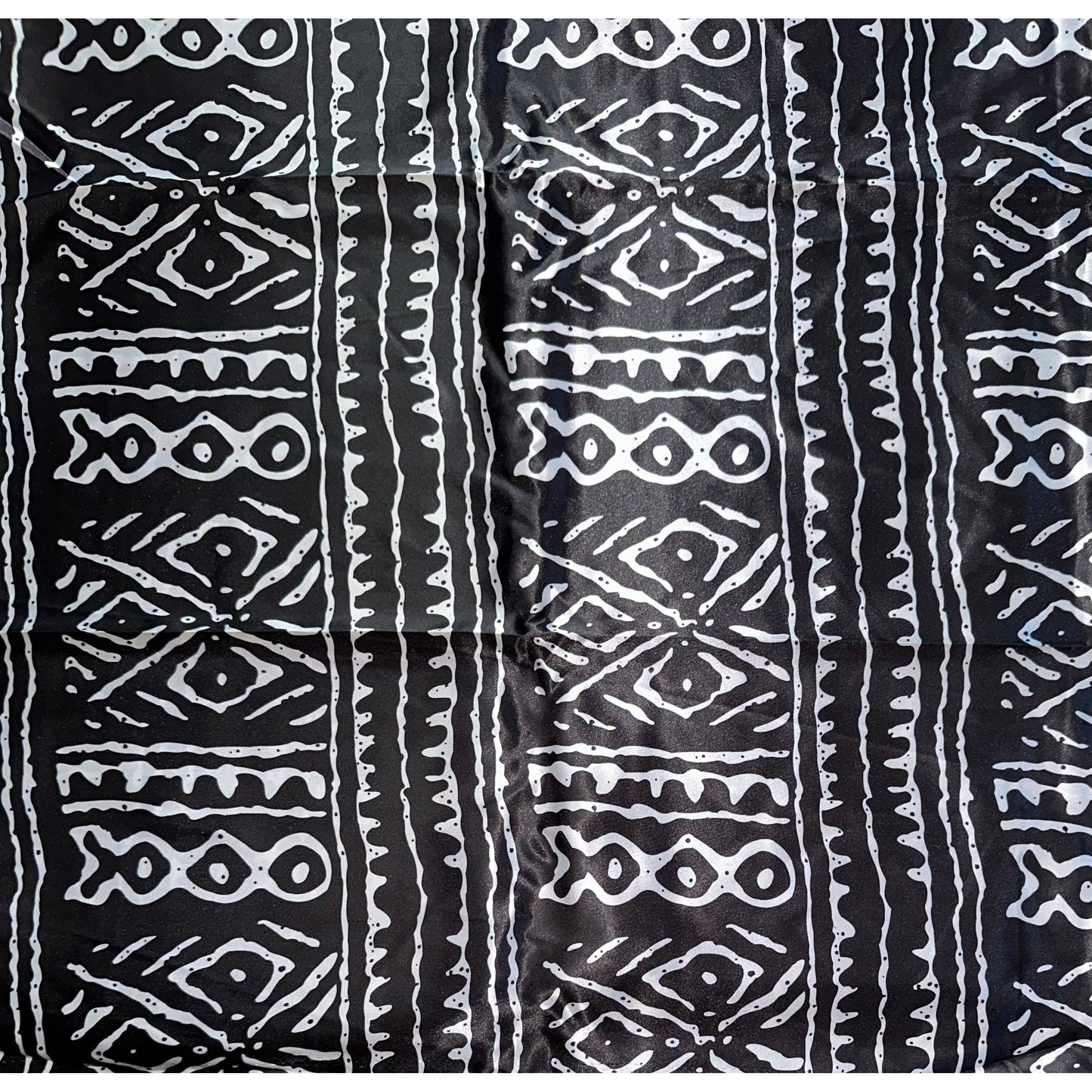 African Print, Satin Fabric - Black, White "Meroitic Chapter", Per Yard or Wholesale