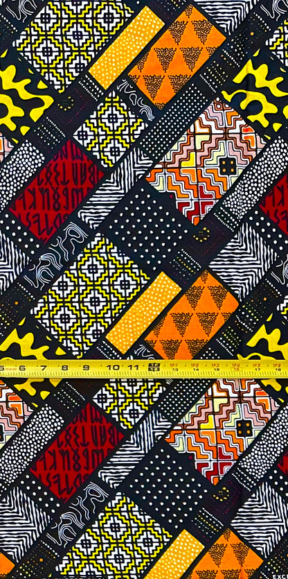 African Print Fabric/ Ankara - Red, Black, Yellow, Orange 'Omenala Code' Design, YARD or WHOLESALE