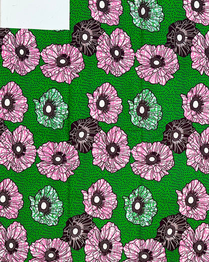 African Print Fabric/ Ankara - Green, Pink, Brown ‘Garden Before Sunrise' Design, 11/12ths YARD
