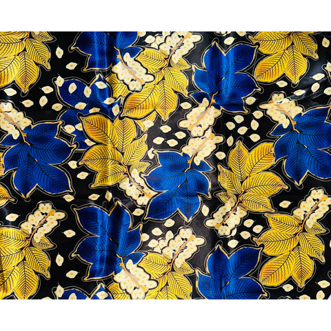 African Print, Satin Fabric - Blue, Gold, Black "Amber Fest", Per Yard or Wholesale