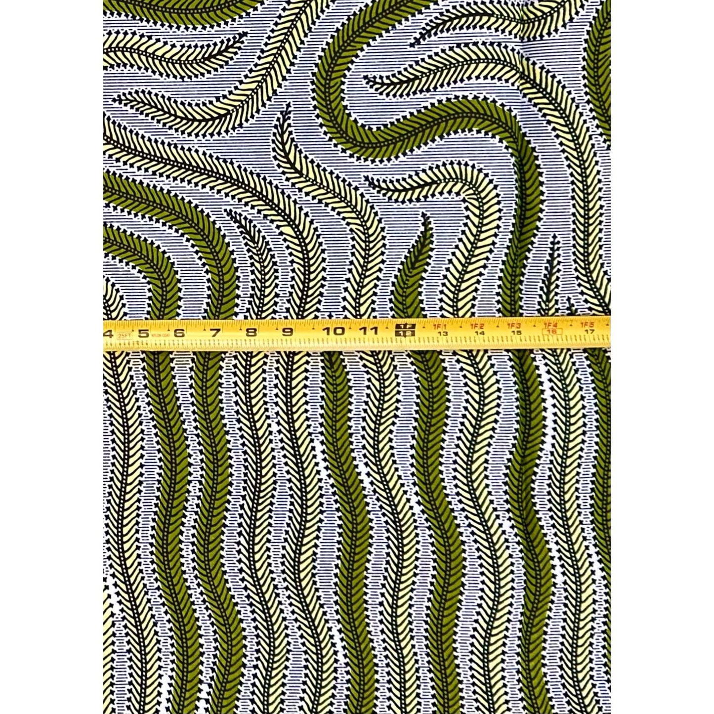 African Print Fabric/ Ankara - Green, White, Beige ‘Nkịtị Motion' Design, 1 YARD