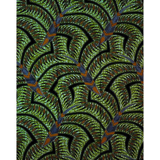 African Print Fabric/ Ankara - Green, Brown 'Amina Flow,' 1 YARD