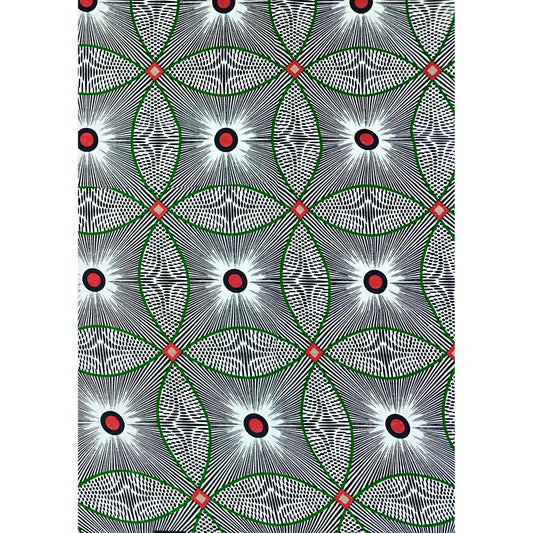 African Print Fabric/ Ankara - Black, White, Green, Red 'Kelele ' Design, YARD or WHOLESALE