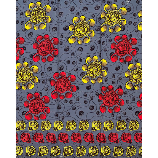 African Print Fabric/ Ankara - Gray, Red, Yellow, Brown ‘King’s Signal' Design, 1 YARD