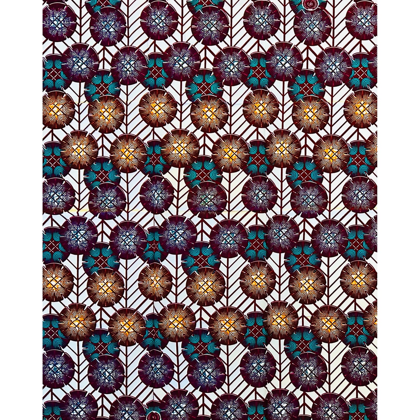 African Print Fabric/ Ankara - Cream, Teal, Orange, Brown 'Niani Array' Design, YARD or WHOLESALE