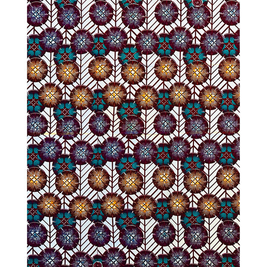 African Print Fabric/ Ankara - Cream, Teal, Orange, Brown 'Niani Array' Design, YARD or WHOLESALE