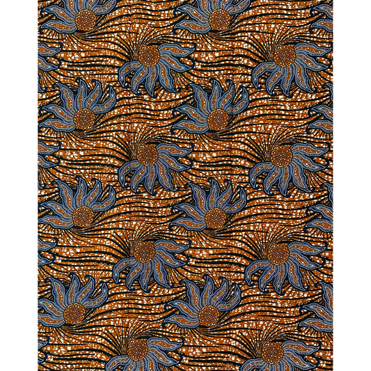 African Print Fabric/ Ankara - Brown, Navy ‘Forward Motion Only' Design, 1 YARD