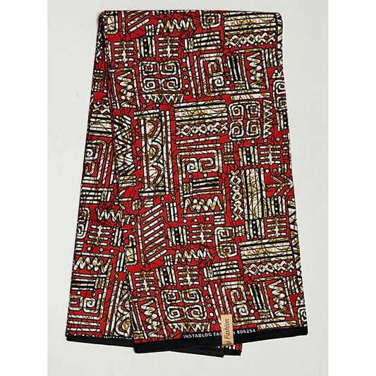 African Print Fabric/ Ankara - Red, Brown 'Oba Glyph' Design, YARD or WHOLESALE