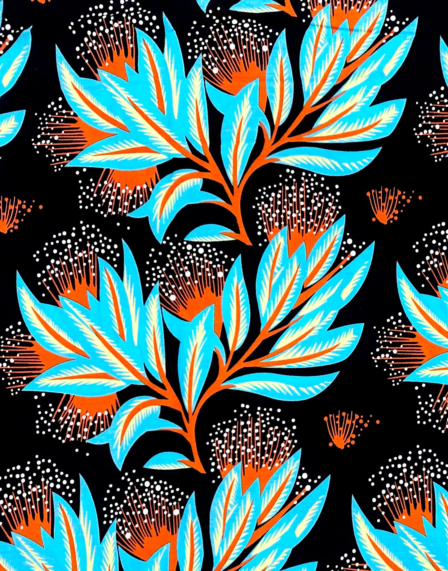 African Print Fabric/Ankara - Black, Blue, Orange, Yellow ‘Sky Beneath Leaves' Design, YARD or WHOLESALE