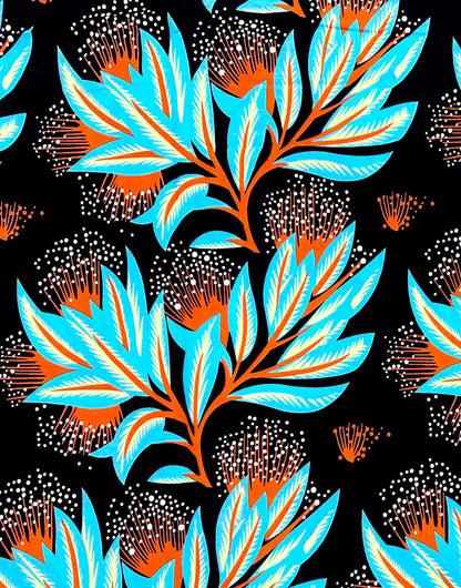 African Print Fabric/Ankara - Black, Blue, Orange, Yellow ‘Sky Beneath Leaves' Design, YARD or WHOLESALE