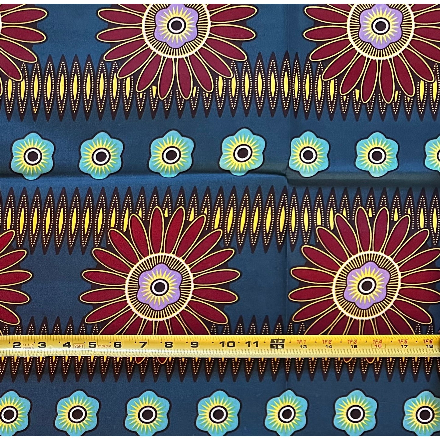 African Print Fabric/ Ankara - Teal, Red, Yellow ‘Evening Bloom' Design, 1 YARD
