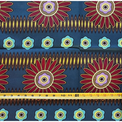 African Print Fabric/ Ankara - Teal, Red, Yellow ‘Evening Bloom' Design, 1 YARD
