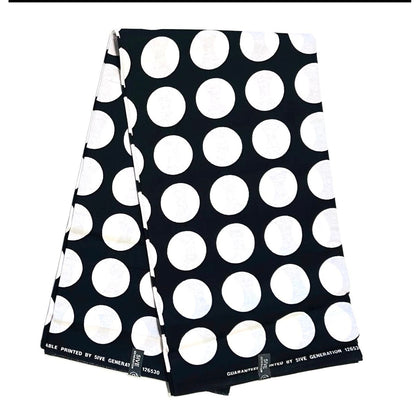 African Print Fabric/ Ankara - Black, White 'Polka Dot' Design, YARD or WHOLESALE