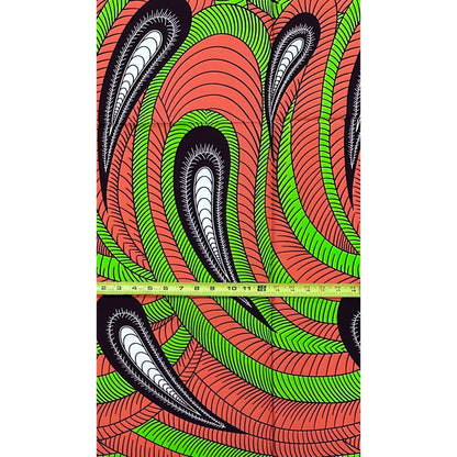 African Print Fabric/Ankara - Coral, Green, Brown "Samsara" Design, 1 Yard
