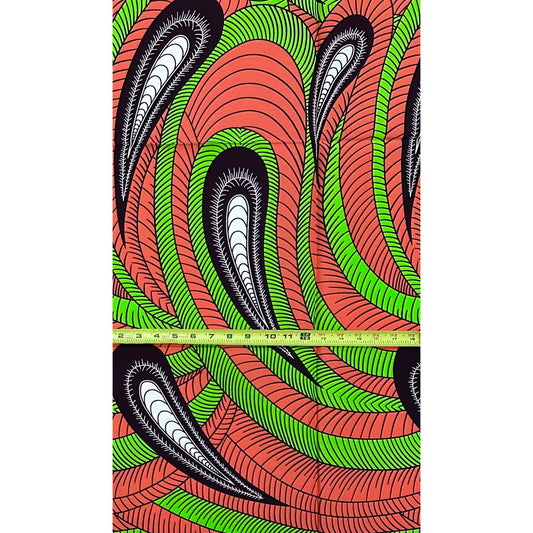 African Print Fabric/Ankara - Coral, Green, Brown "Samsara" Design, 1 Yard