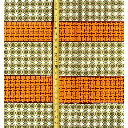 African Print Fabric/ Ankara - Green, Orange, Brown, Cream ‘Kintampo Lines' Design, 1 YARD