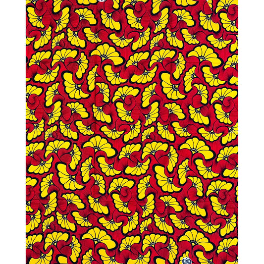 African Print Fabric/Ankara - Red, Marigold 'Hibiscus', 1 YARD