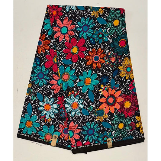 African Print Fabric/ Ankara - Teal, Blue, Orange, Magenta, Yellow 'Oroma Bloom' Design, YARD or WHOLESALE