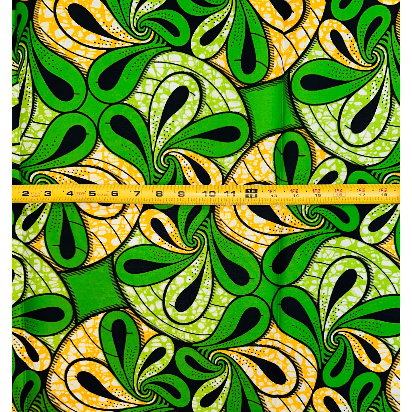 African Print Fabric/ Ankara - Green, Yellow 'Shakara Spin' Design
